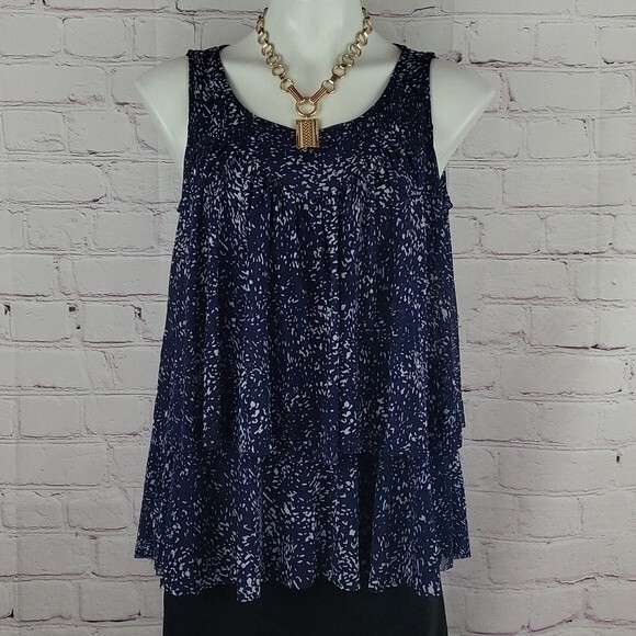 Navy Blue & White Medium Sleeveless Blouse layered tiered top Jane and Delancey - Picture 1 of 9